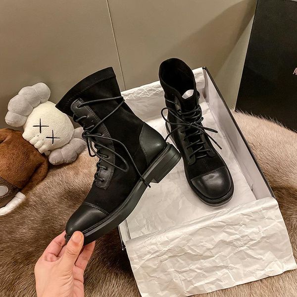 

patchwork flock riding booties mujer winter plush lace up botas square toe thick med high heels knight riding boots women size42, Black