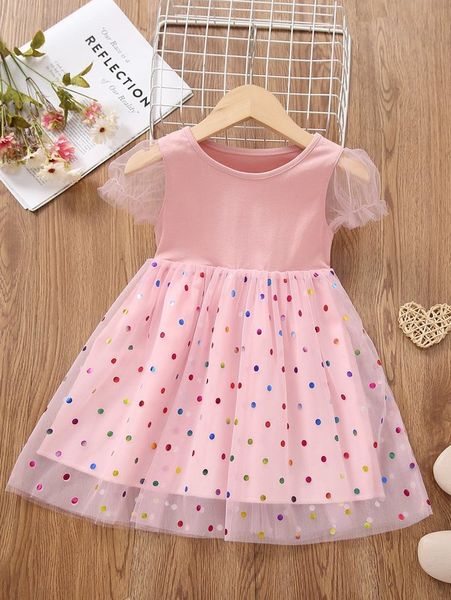 

toddler girls polka dot puff sleeve mesh dress she, Red;yellow