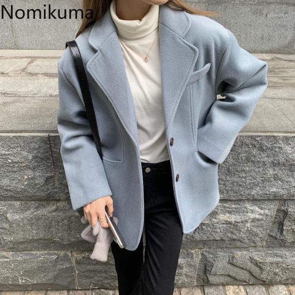 

nomikuma 2020 winter blazer woolen coat causal notched collar long sleeve suit jacket korean solid elegant blazers femme 6d6161, White;black