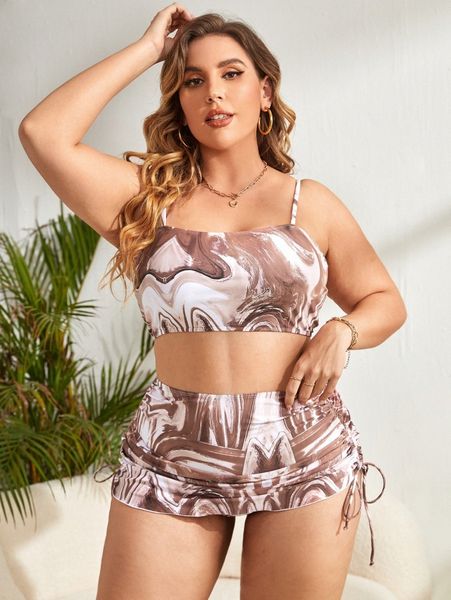

plus marble print bikini swimsuit with drawstring beach skirt j3ed#, Black