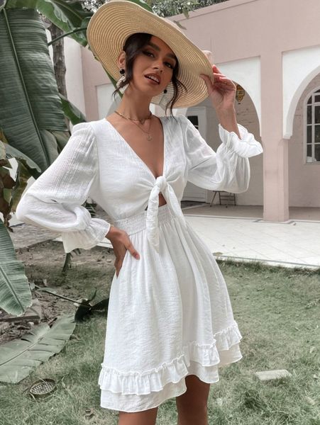 

flounce sleeve tie front solid dress s6r3#, Black;gray