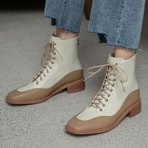 

boots brand genuine leather shoelaces chunky heels patchwork ankle stylish winter shoes women, Black
