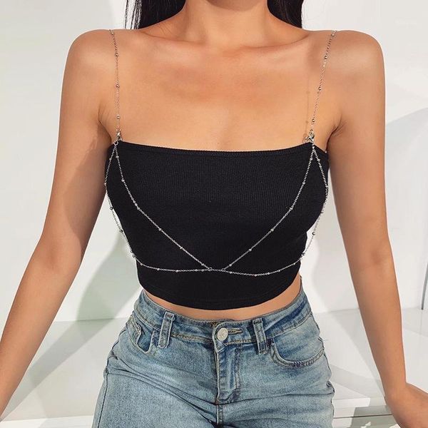 

streetwear club crop summer vest fashion black white silver backless metal chain straps cropped tank women1
