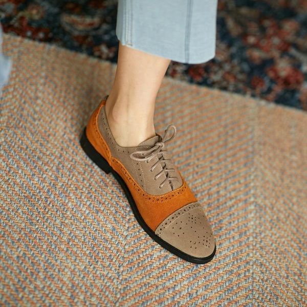 

случайные женщины оксфордские квартиры обувь новое прибытие 2021 весна круглый носок кожаные замшевые коренные каблуки кружевные устройства, Black