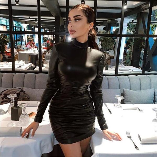 

casual dresses women long sleeves black bodycon pencil dress turtle-neck ruched short female party tight, Black;gray