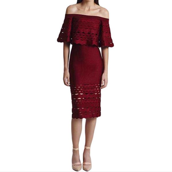 

2020 vintage red jacquard bandage elegant ruffles off-shoulder party celebrity midi dressed 57ht, Black;gray