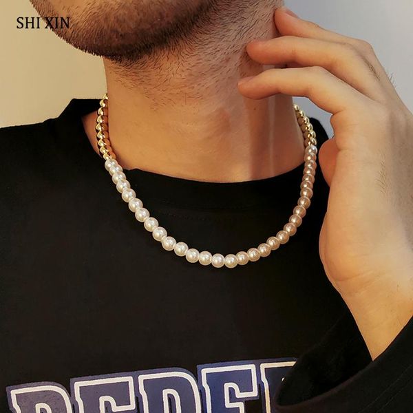 

chokers shixin imitation beaded pearl choker necklace for women short white pearls collar men fashion neck jewelry 2021, Golden;silver