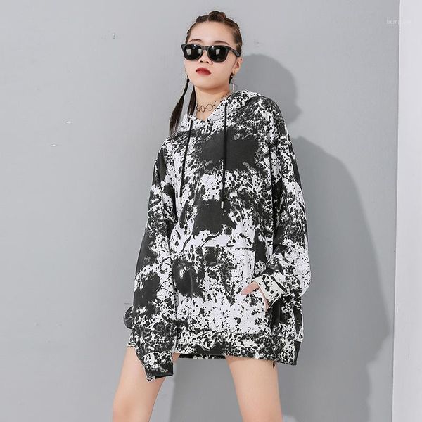 

qing mo grey white women hooded sweatshirt 2020 women tie dye sweatshirt female plus size loose zqy27891, Black
