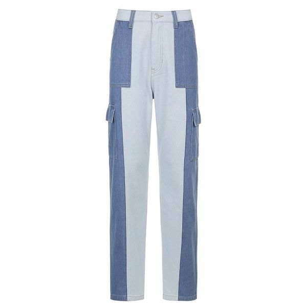 

fanco 2020 new streetwear patchwork pocket women fashion casual jeans denim vintage female pants high waist straight trousers, Blue