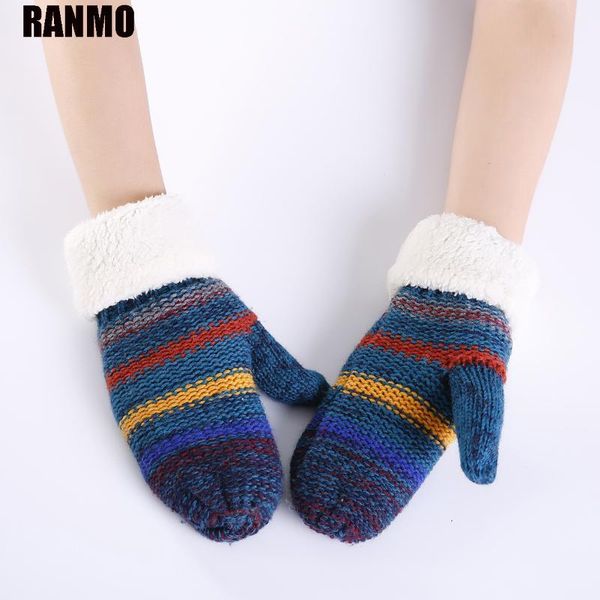 

ranmo brand stripes two layer winter gloves for women velvet thicken warm knitted gloves children ski wool mittens female, Blue;gray