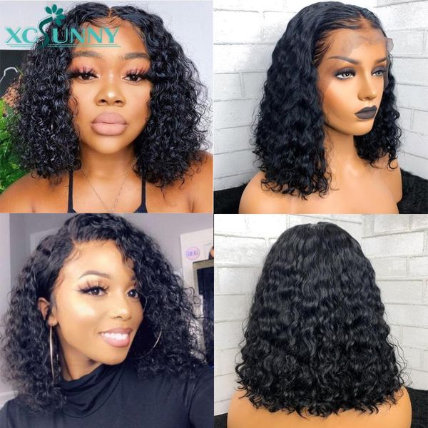

lace wigs curly human hair frontal wig 13x4 short bob front pre plucked remy brazilian closure 14inch xcsunny, Black;brown