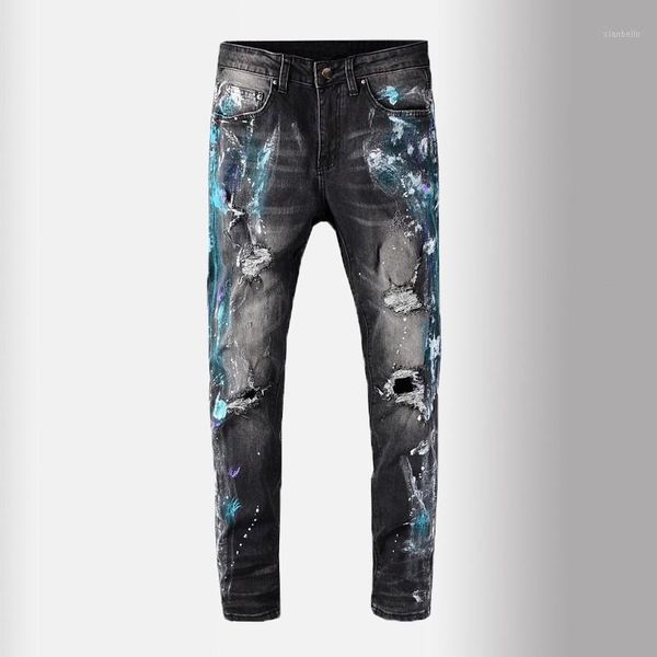 

new fashion male jeans men's painted holed ripped black stretch jeans trendy streetwear skinny slim denim pants1, Blue