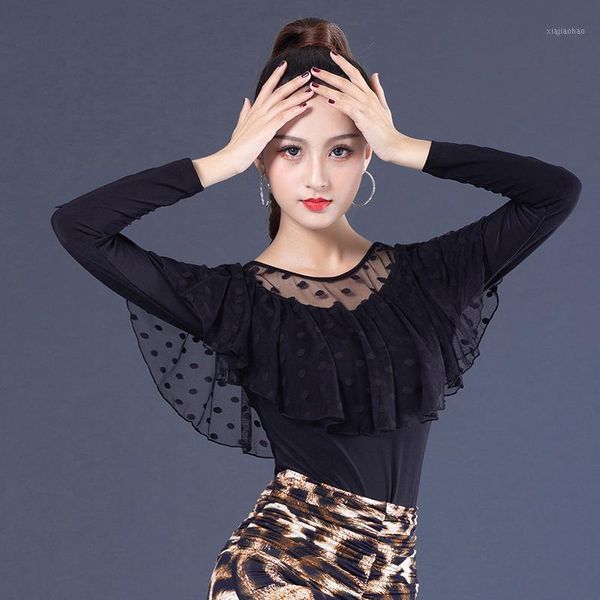 

professional latin ballroom dance leaf collar long sleeve ice silk salsa latin dance girl yr09081, Black;red