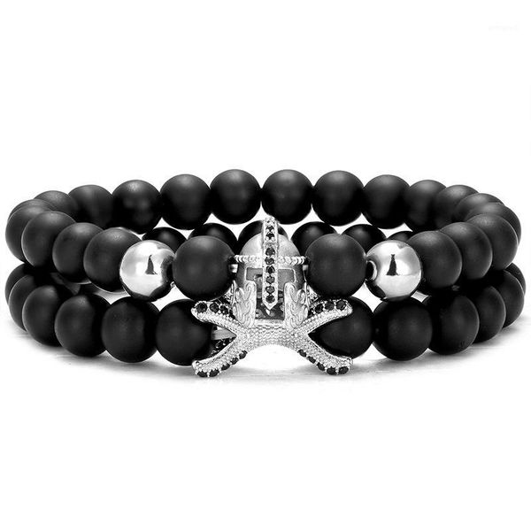 

charm bracelets vintage copper micro-inlaid zircon ocs + spartan knight helmet bracelet set 8mm natural stone beads men jewelry1, Golden;silver