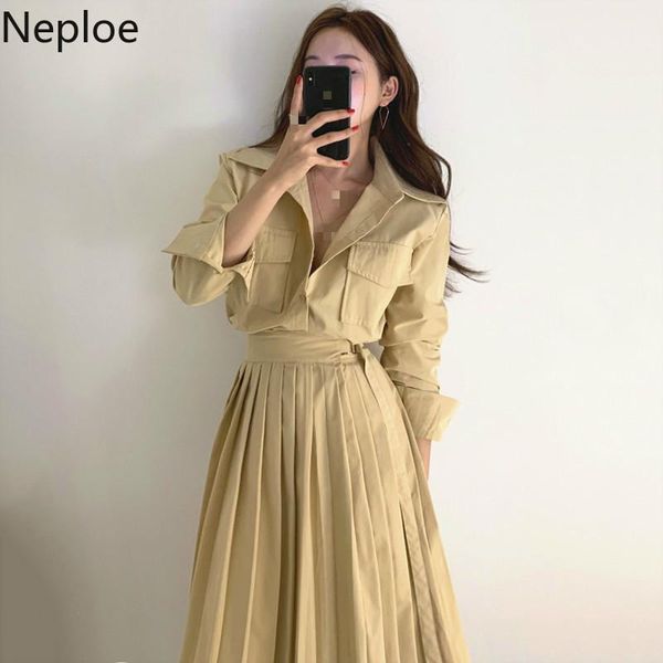 

neploe summer new ladies dress solid lapel single breasted thin dressed lace up high waist long sleeve fashion vestidos femme1, Black;gray