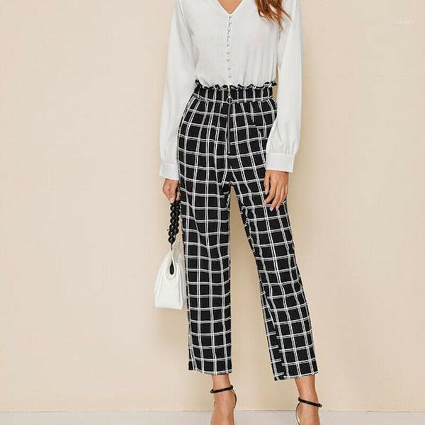 

women's pant wide leg trousers 2019 new plaid high waist ankle-length pants pocket zipper ladies fashion loose casual bottoms1, Black;white