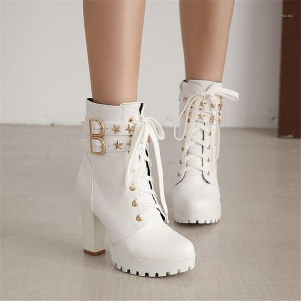 

boots pxelena 2021 autumn ankle women buckle star rivet block high heels biker lace up office lady daily shoes white1, Black