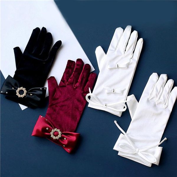 

wedding gloves for bride bridal gloves women bowknot pearl beaded satin gloves finger velvet gants de femmes dress with h qyljua, White