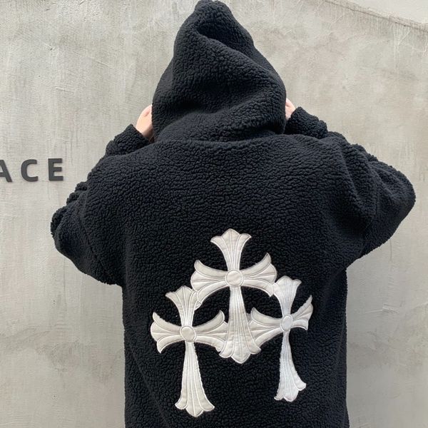 

autumn winter croxin big horseshoe embroidery korean loose college style lamb wool coat for men and women, Black