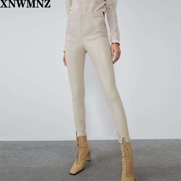

fashion autumn winter women high wasit faux leather trousers lady black beige fleece pu zippers skinny stretch pencil pants 201103, Black;white