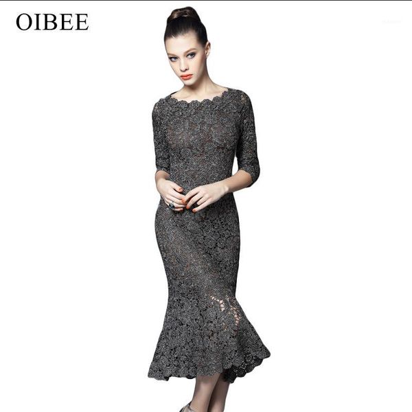 

2020oibee fashion lace hollow out three quarter solid trumpet elegant party dress1, Black;gray