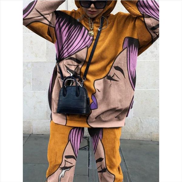

fun printing design very thin sweatshirt pants suit 2 piece set women tracksuit new autumn loose casual girls plus size 3xl, Gray