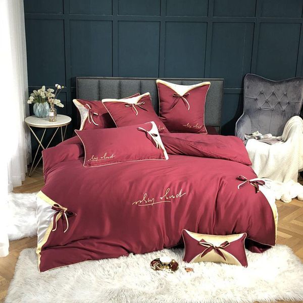 

bedding sets 80s tencel silk luxury duvet cover rosette embroidered king flat bed jacquard sheet bow  linens