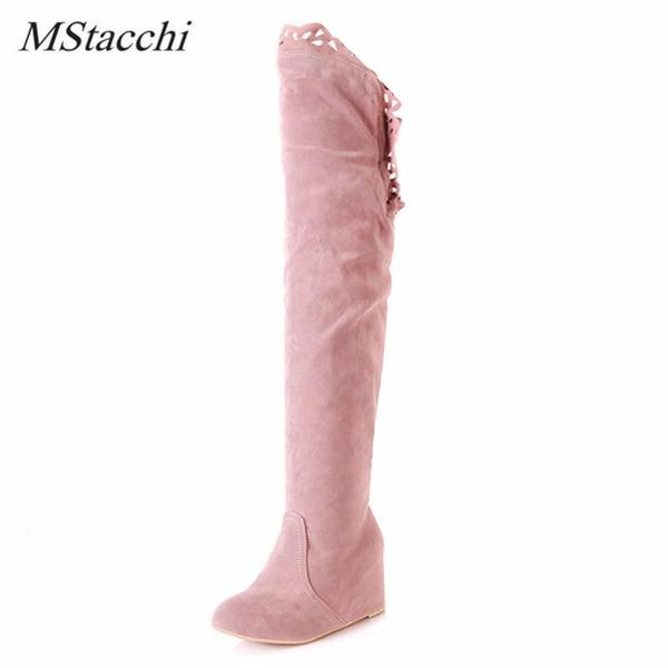 

mstacchi concise women over the knee boots round toe hollow lace print elastic cord height increasing shoes fashion wedges botas, Black