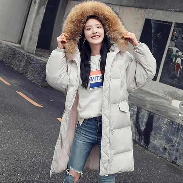 

2019 new korean version white duck down jacket female large size medium long thick fur collar hood coat cc12351, Tan;black
