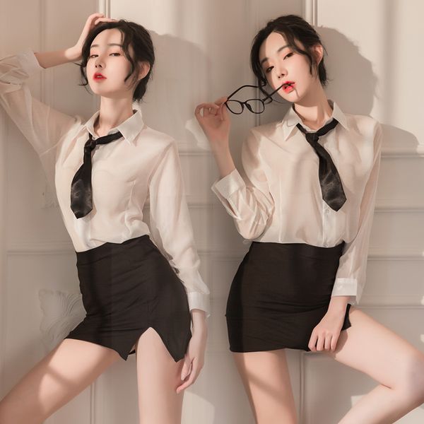 

lingerie super coquettish pajamas seduction tease bed secretary uniform open file no take off passion suit female sao, Red;black