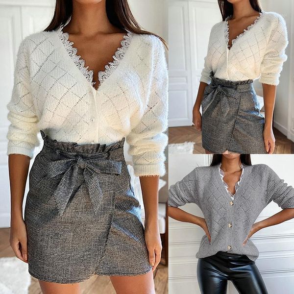 

fall winter women solid color button lace patchwork long sleeve open stitch causal women cardigans jacket1, Black;brown