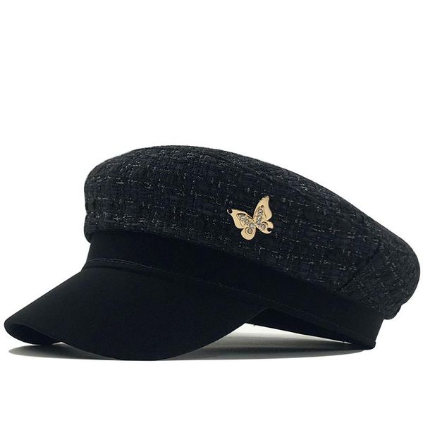 

осень зима цепь шерсть военные берцы для женщин женские плоские армии крышка салона шляпа салона черная девушка дамы путешествия береты капю, Black;white