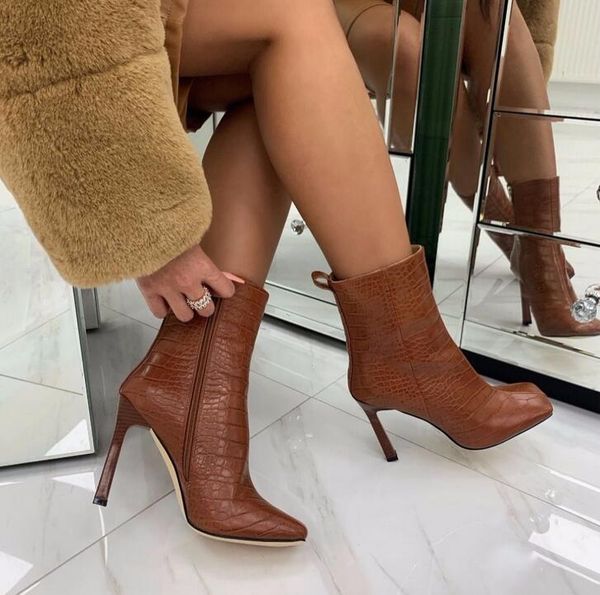 

womens square toe alligator pattern boots women animal pattern pu leather stiletto high heels zipper booties winter half boots shoes, Black
