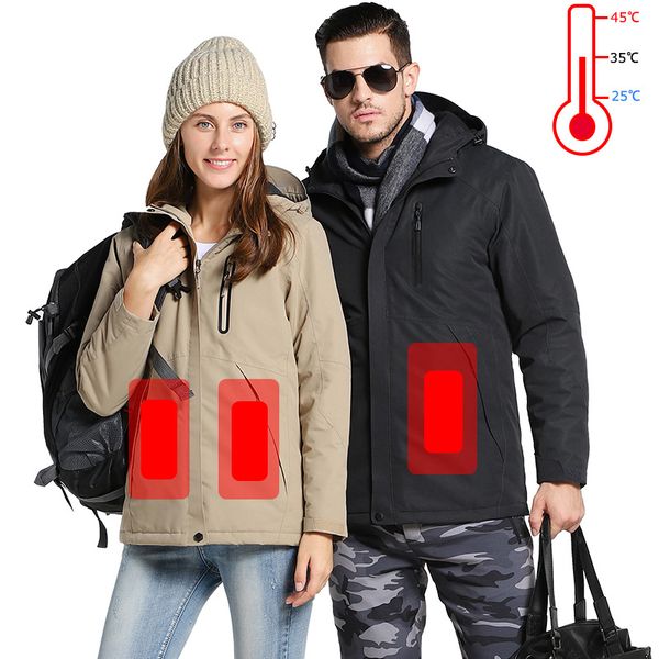 

maijion men women winter heated jackets couples down cotton hiking jackets waterproof keep warm fleece windbreaker hooded coats q1208, Black;brown