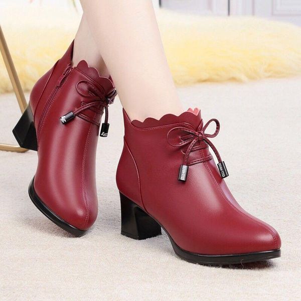 

boots mother shoes cotton mid-heel 2021 autumn and winter plus velvet real cowhide short thick heel women's non-slip, Black