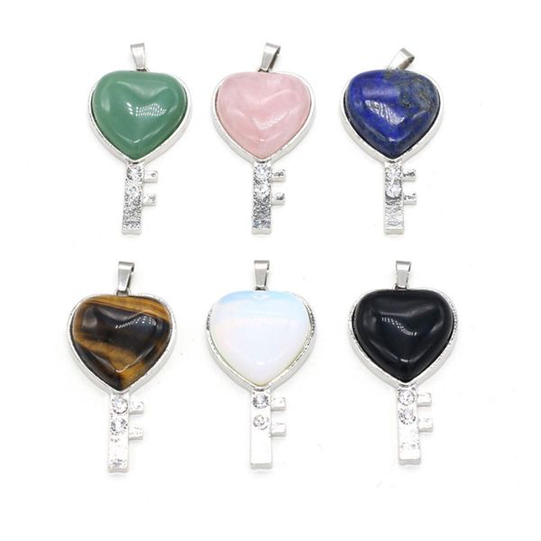 

wholesale 10 pcs silver plated key shape tiger eye stone pendant lapis lazuli love heart jewelry