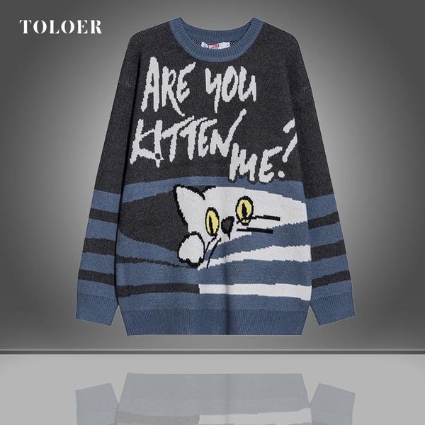 

men sweater cartoon funny cat print o-neck pullover sweaters mens soft casual trendy fashion autumn streetwear kitten pattern, White;black
