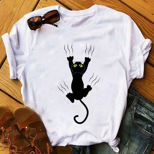 

summer new fashion black cat print women t-shirt female casual cotton shirts ladies harajuku style short sleeve tee, White