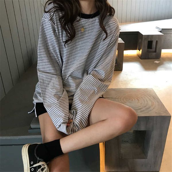 

2020 women's t-shirt long sleeve round neck striped ladies loose shirt spring autumn tshirt womens clothing streetwear, White