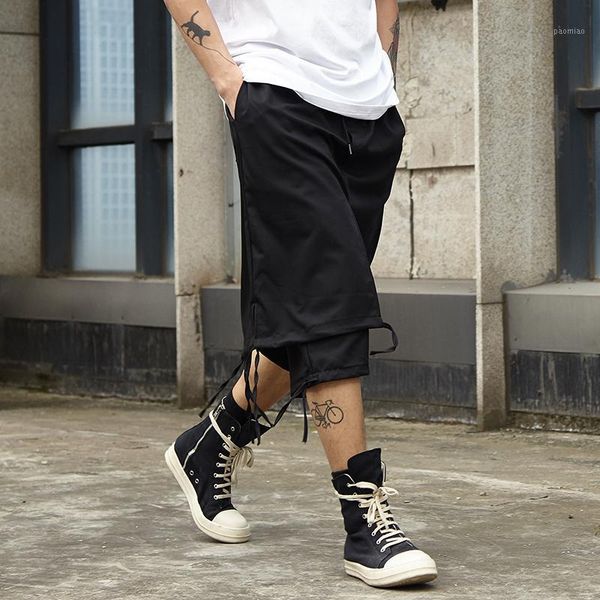 

original non-high street function yamamoto dark lace-up double stitching split loose assault casual men's pants cropped pants1, Black