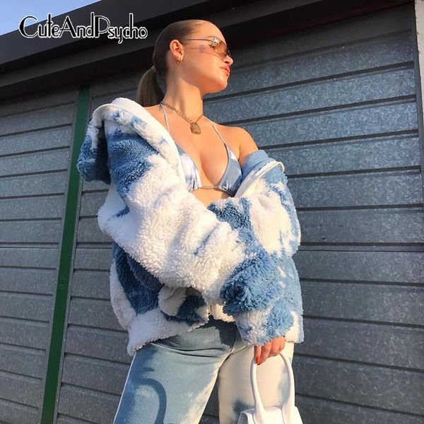 

winter tie dye print lambswool jackets for women vintage harajuku cozy faux fleece coats oversized casual jackets cuteandpsycho, Black;brown