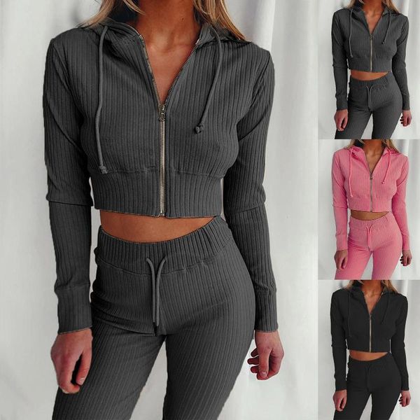 

women long sleeve crop hoodie high waist pants solid color tracksuit outfit, Gray
