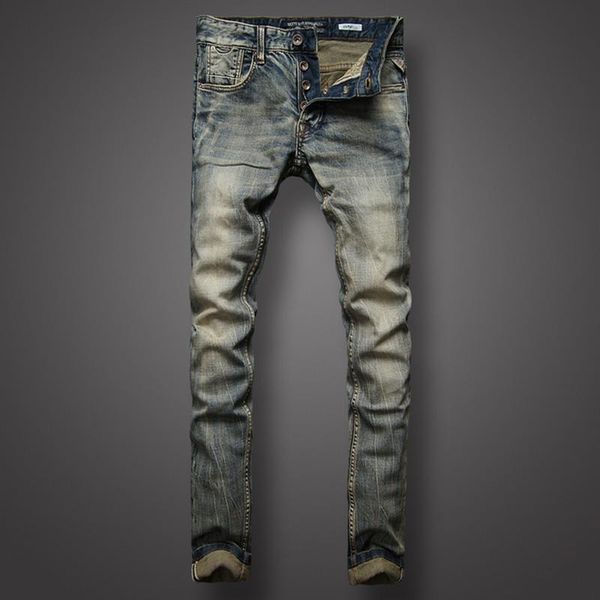 

high street men`s jeans retro designer stripe jeans men pants slim fit buttons men lgd617, Blue