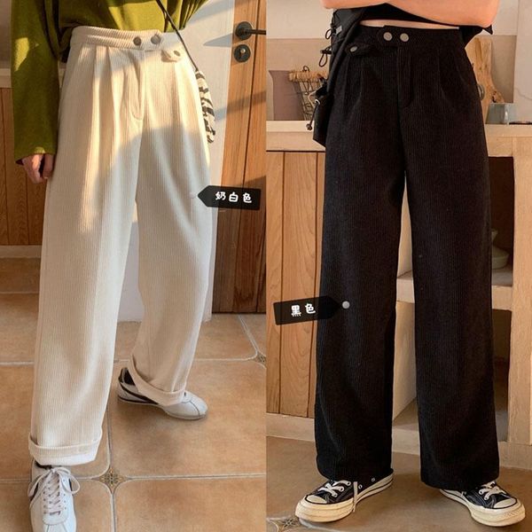 

zhisilao corduroy wide leg straight pants women plus size winter solid vintage high wais trousers 2020 streetwear casual pants, Black;white