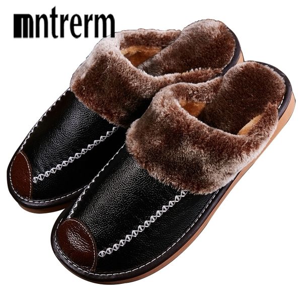 

mntrerm winter men's slippers genuine leather home indoor non-slip thermal shoes men new warm winter slippers plus size y200107, Black