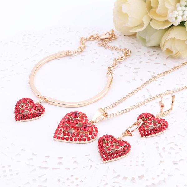 

woman's birthday gift wedding jewelry set fashion gold color chain crystal heart shaped necklace bracelet earrings 3 pcs/set, Silver