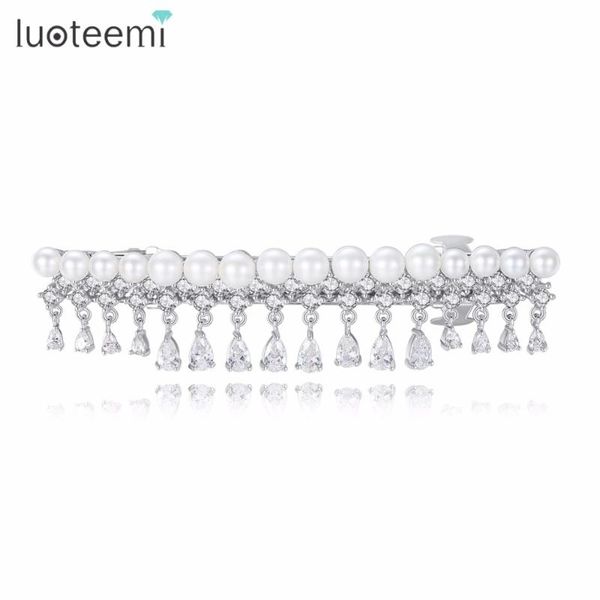 

luoteemi 2021 new fashion brand clear imitation pearl hairwear with cz crystal brincos bijoux for women party prom jewelry, Golden;silver