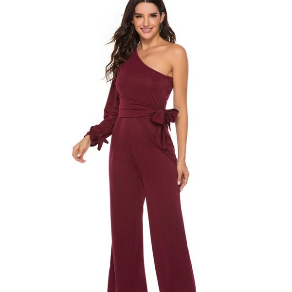 

one shoulder long sleeve bow wide leg pant jumpsuit, Tan;black