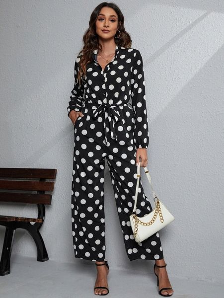 

polka dot belted shirt jumpsuit i9n2#, White