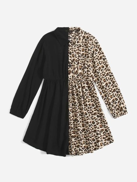 

girls 1pc contrast leopard half button shirt dress she, Red;yellow